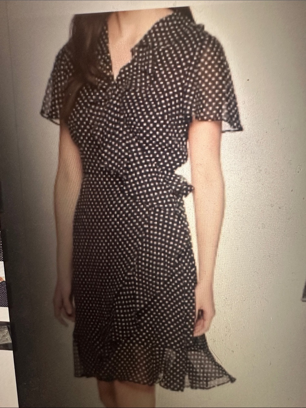 Tahari Black with White Polka Dot Ruffle Faux Wrap Dress, size 12